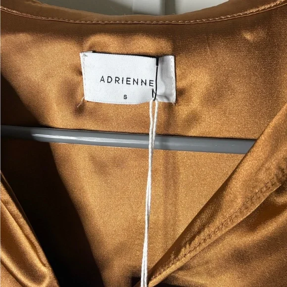 Adrienne Copper Shimmer Blouse S Metallic Satin V-Neck Stretch Top - Picture 10 of 11